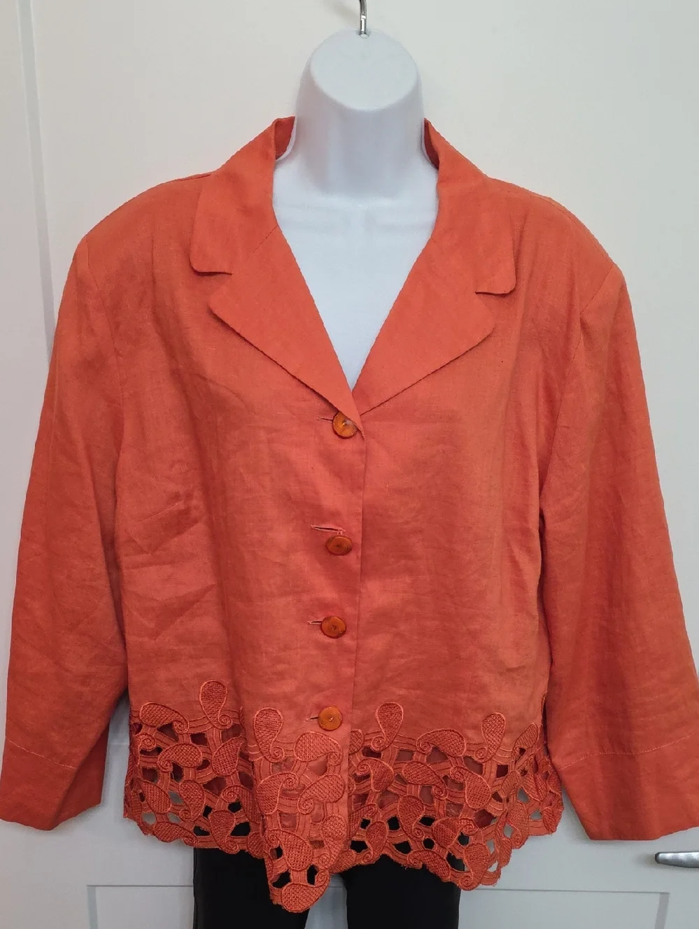 Orange Linen Button-Front Jacket with Crochet Hem by JSong